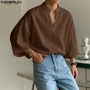INCERUN Tops 2025 Korean Style Fashion Men's Stand Neck Three-quarters Sleeve Design Shirt Casual Streetwear Solid Simple Blouse
